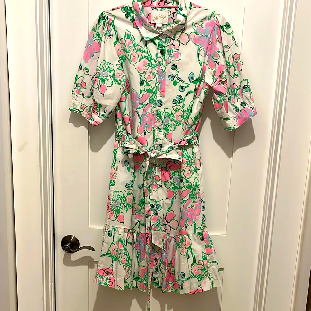 Nwt Lilly Pulitzer 14 Sashria Dress. Oversized Orchid Print On White Background